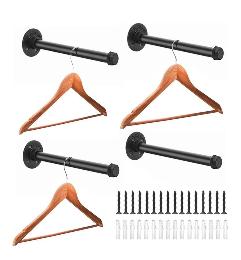 4 Pack 12 Inch Industrial Pipe Clothing Rack Wall Mounted Clothes Hanging Rod